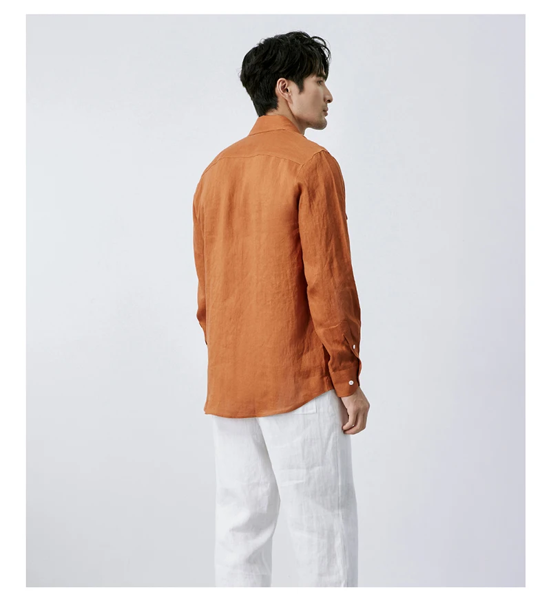 100% Natural Linen Men's Shirt - Retro Style Long-Sleeved Shirt with Pockets - Outdoor Casual Comfortable Sweat Absorption