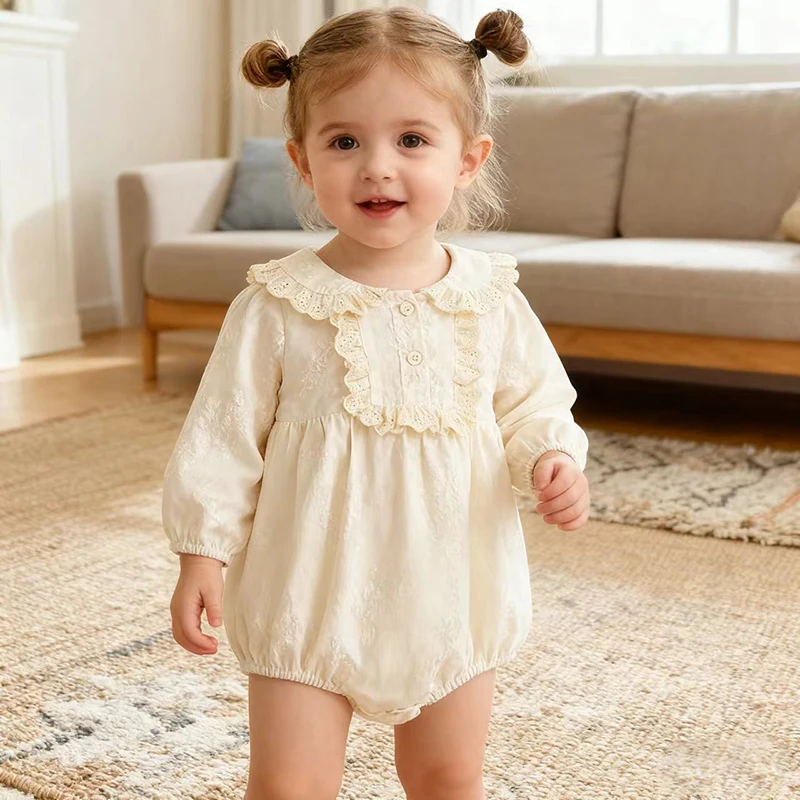 2026 ربيع جديد طفل رضيع فتاة الدانتيل تقليم رومبير بأكمام طويلة القطن الوليد طفلة بذلة 0-24 متر طفلة الملابس