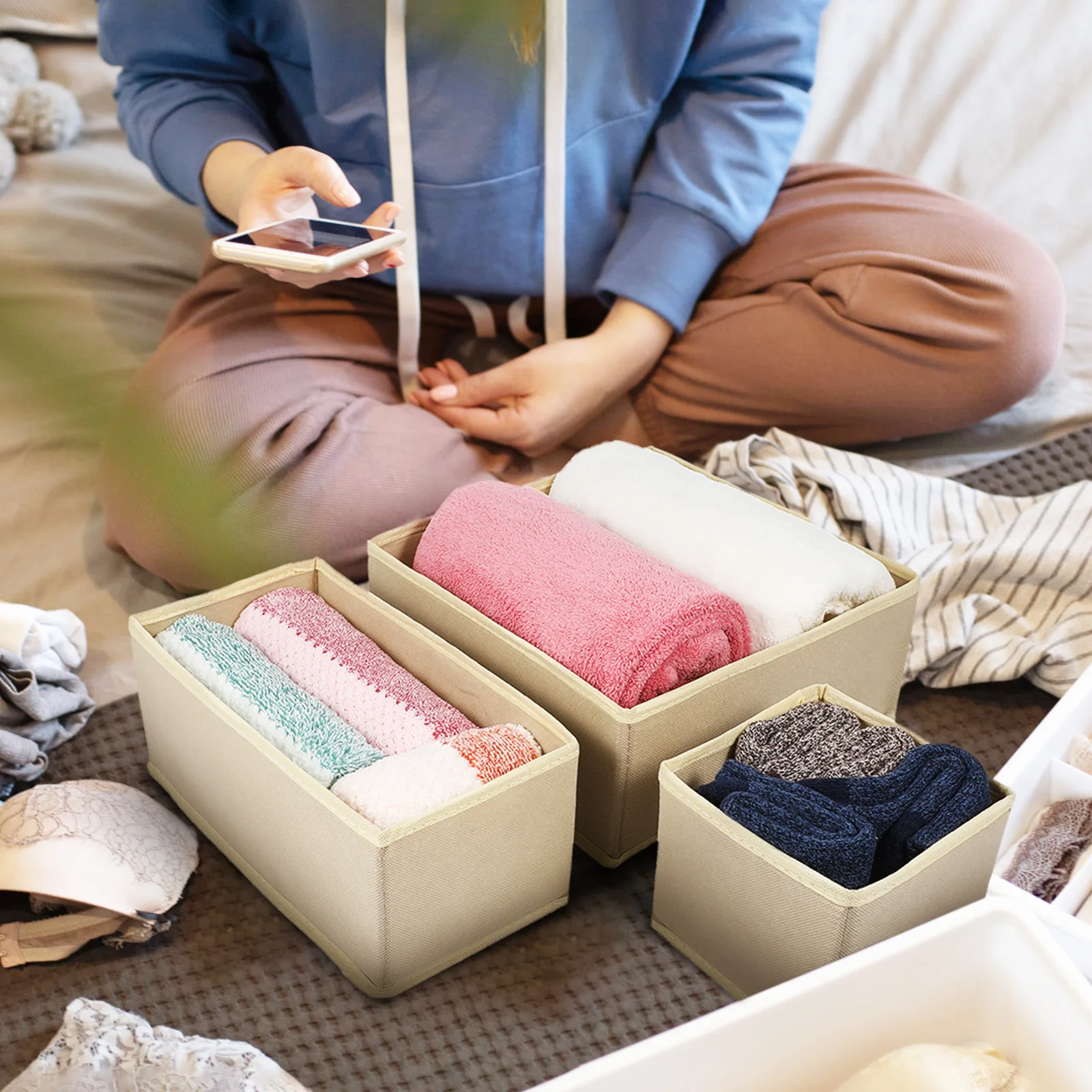 

6 Pcs Underwear Storage Boxes Beige Clothes Bins Sock Drawer Organisers Wardrobe Closet Foldable Breathable