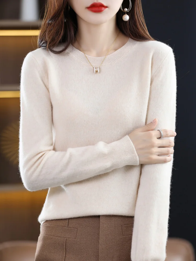 100% Merino Wool Sweater Women  Cashmere Pullover Knitwear Autumn Winter O-neck Solid Color Fashion Basic Female Clothes Tops