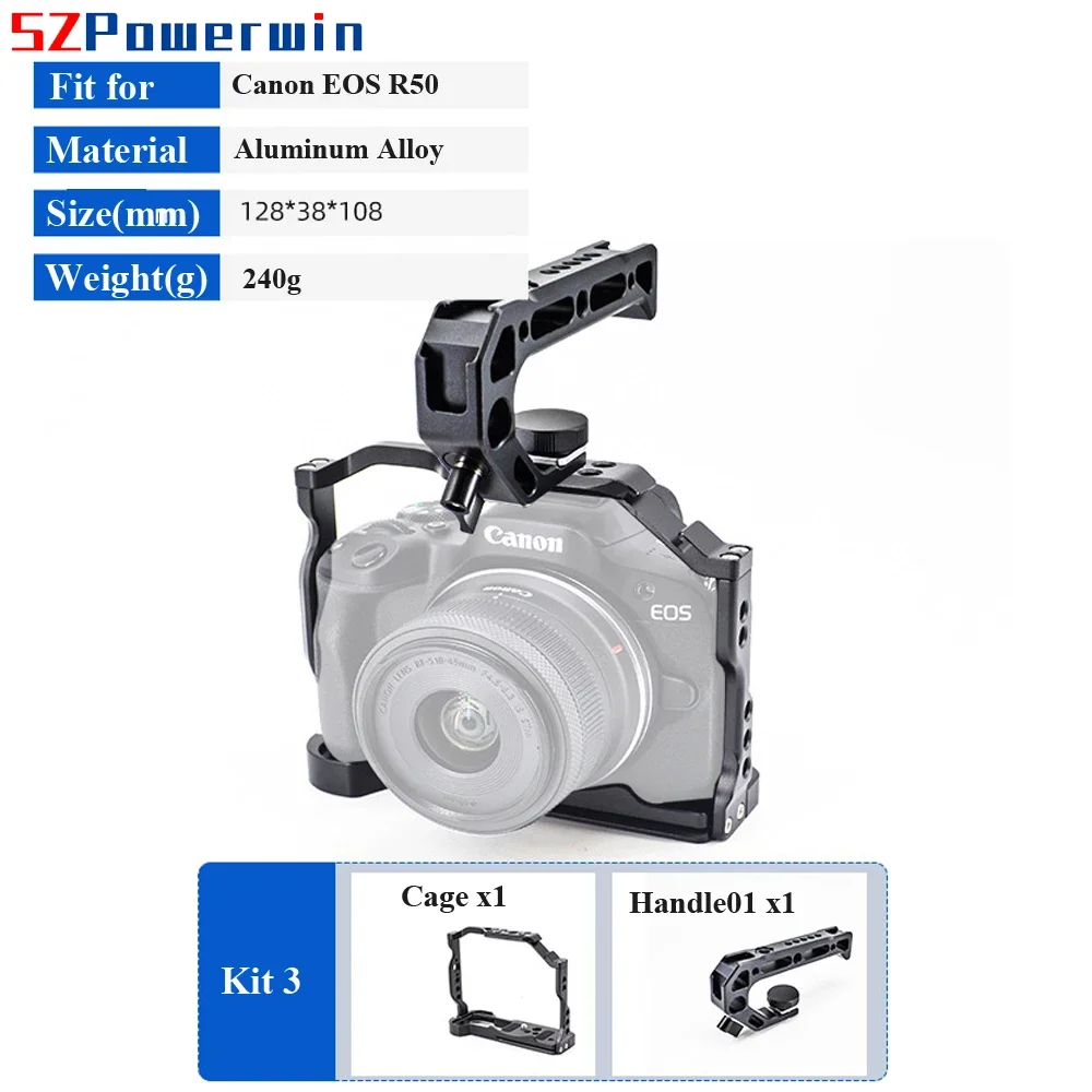 Powerwin For Canon EOS R50 Camera Cage with wooden Handle Kit Aluminum Alloy Multifunctional Arri Locating Screw