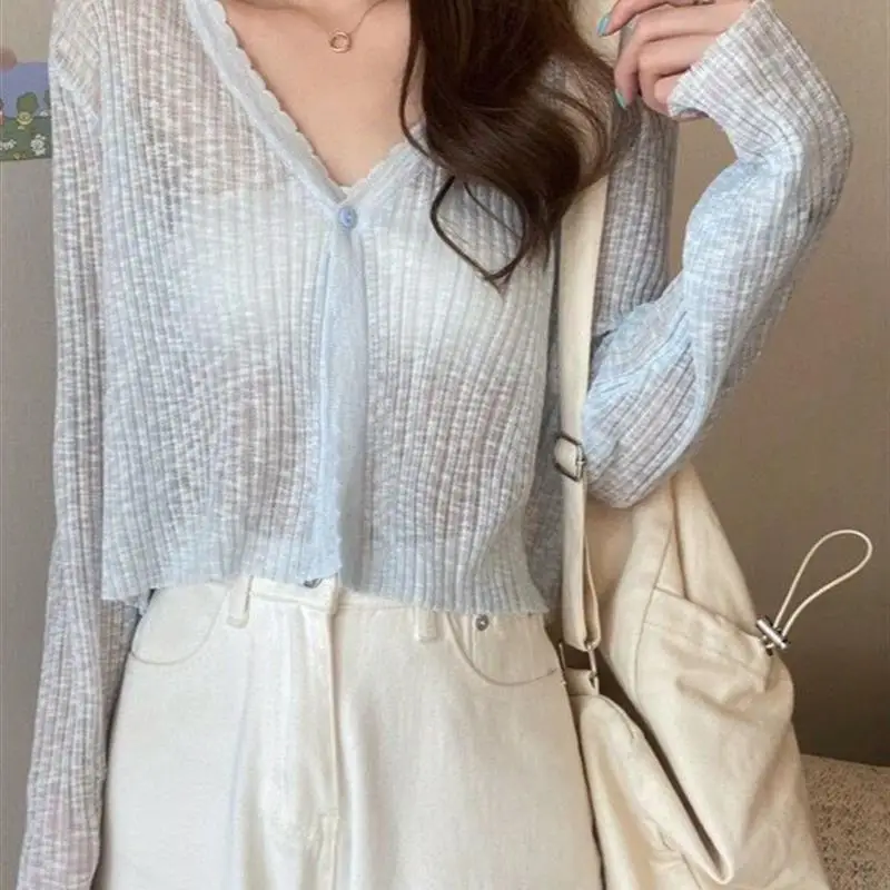 Graceful Knit cardigan Thin Women Summer V-neck Ice Silk Loose Outdoor Sun Protection Outerwear Short Top Long sleeve