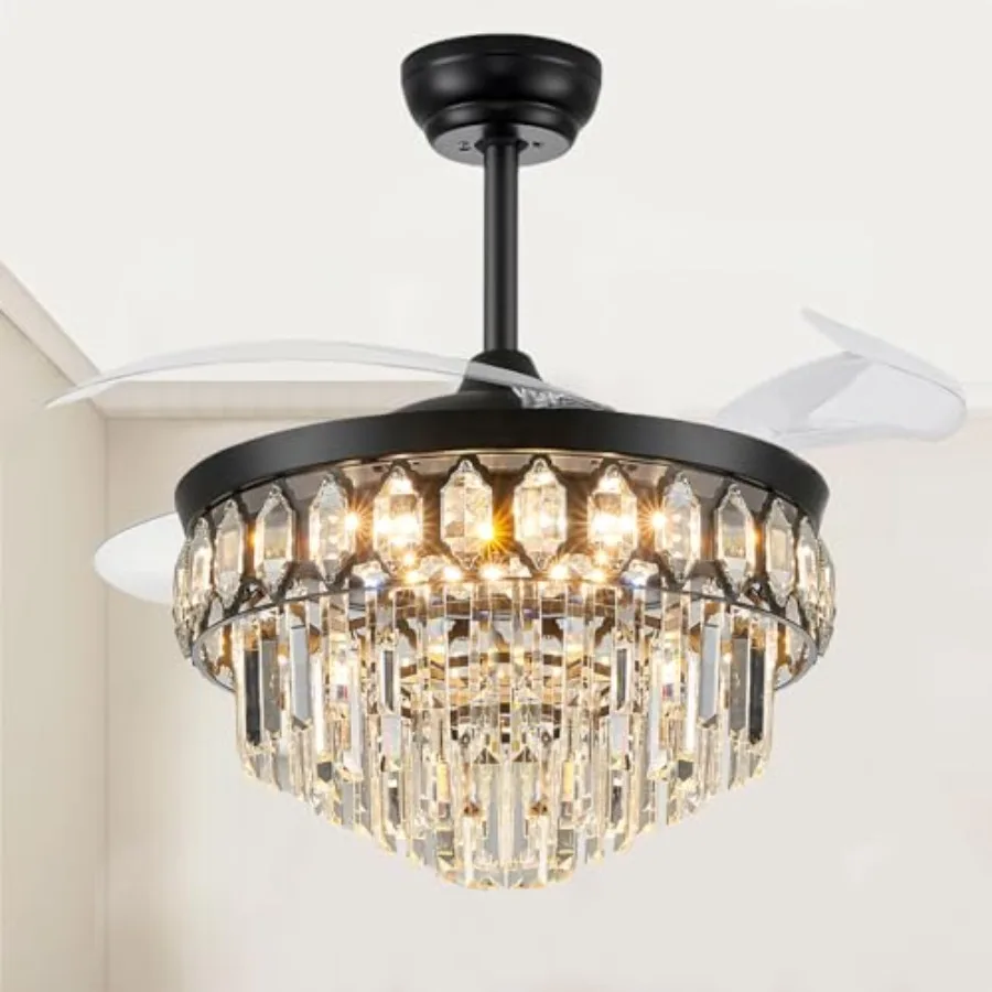 42 Inch Fandelier Ceiling Fan with Light for Bedroom and Living Room, Black Metal, 3 Color Temperature, 6 Wind Speed, Retractab