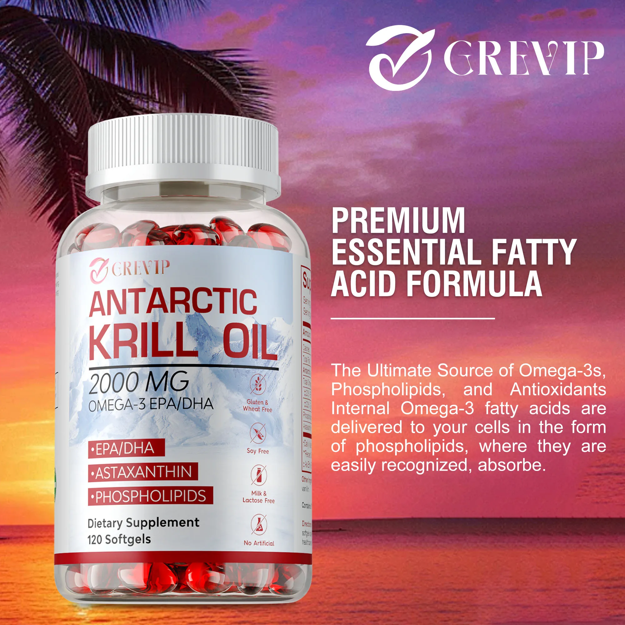 

Antarctic Krill Oil - with Omega-3 EPA, DHA, Lower Blood Pressure, Supports Skin, Brain, Joint and Cardiovascular Health