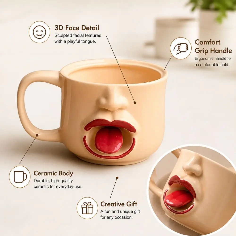 Gifts 3D Tongue Ceramic Mug Irregular Shape Abstract Face Novelty Coffee Mug Comfortable Handle Drinking Cup Home Drinkware