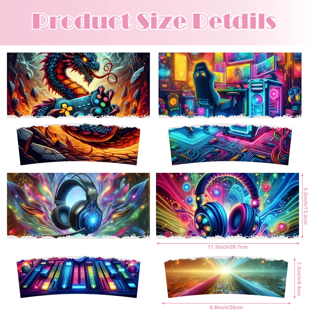 4 Sheets Dragon Headphones Keyboard Gamer Landscape UV DTF Stickers for 40oz Tumblers Waterproof DIY Decals Decorative Vinyl