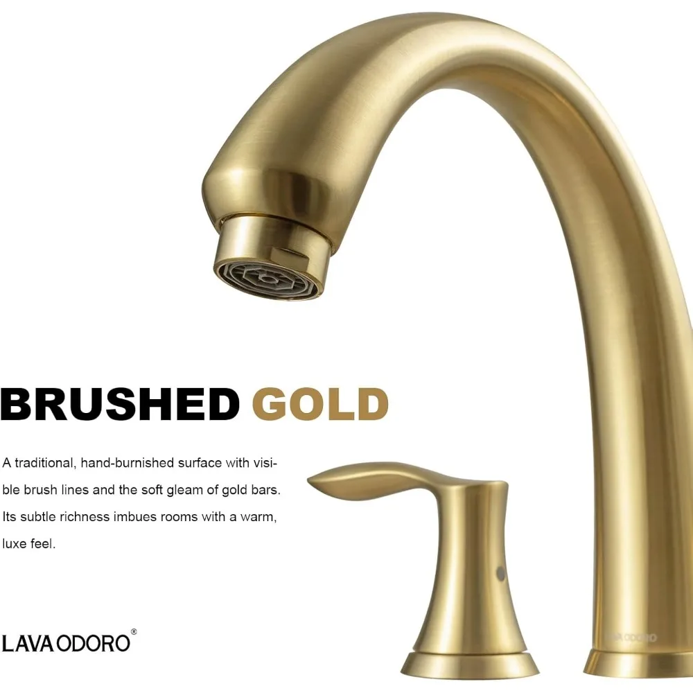 صنبور حوض استحمام روماني ذهبي مصقول بمقبضين، حامل على سطح السفينة، تدفق عالي، عرض 8 بوصة