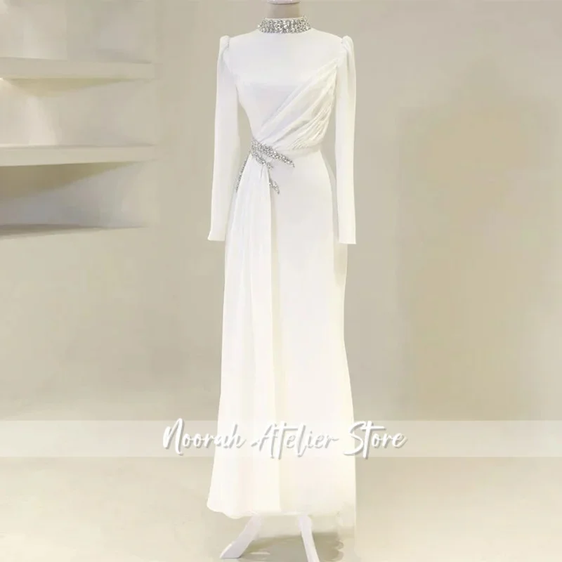 Arabische Prom Dress Aangepaste Lange Mouwen Hoge Hals Kristal Kralen Zeemeermin Avondjurken Arabische Party Gown Robe De Soiree