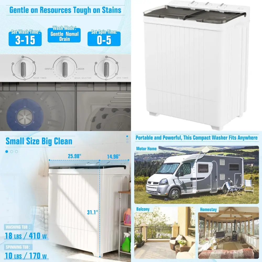 

Компактная стирально-сушильная машина с двумя баками (28 фунтов) и длинным шлангом для автодомов и общежитий - серая