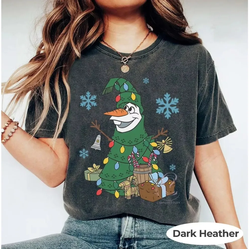 

Винтажная рождественская футболка Disney Frozen Olaf, хлопковая стираная футболка с короткими рукавами в уличном стиле, свободная повседневная модная футболка унисекс