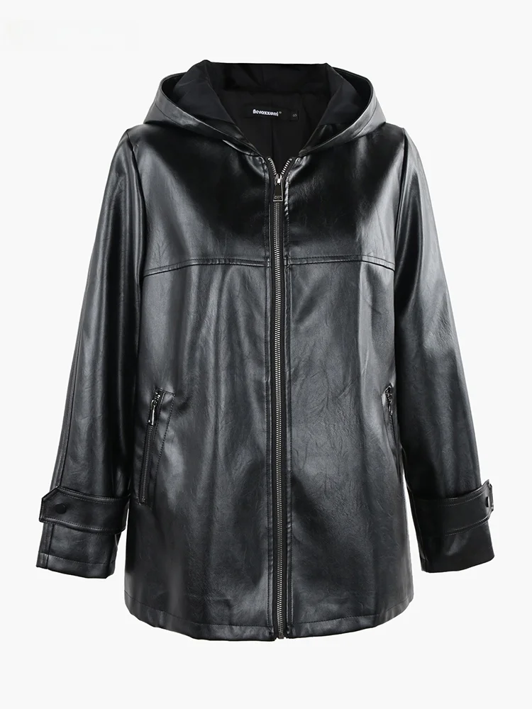 

Женская куртка Nerazzurri из черной искусственной кожи с капюшоном на молнии, свободного кроя, в байкерском стиле, модная верхняя одежда для осени 2023 года