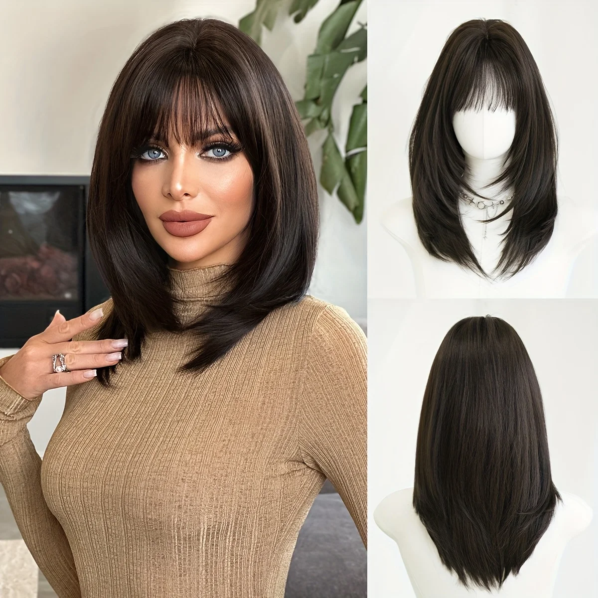 Natural Black Air Layered Wolf Tail Medium-Length Synthetic Wig for Women, High-Layered Choppy Cut Jelly Head Full Wig