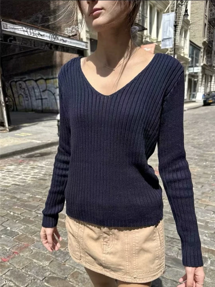 Maglioni lavorati a maglia con scollo a v tinta unita da donna eleganti 2023 maglioni a maniche lunghe Vintage Chic autunnali maglieria Crop