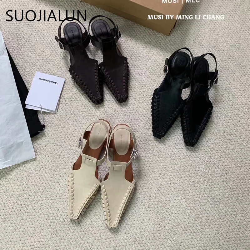 SUOJIALUN Summer New Women Sandal Fashion Close Toe Ankle Strap Ladies Casual Gladiator Shoes Soft Flat Heel Dress Slingback Sho