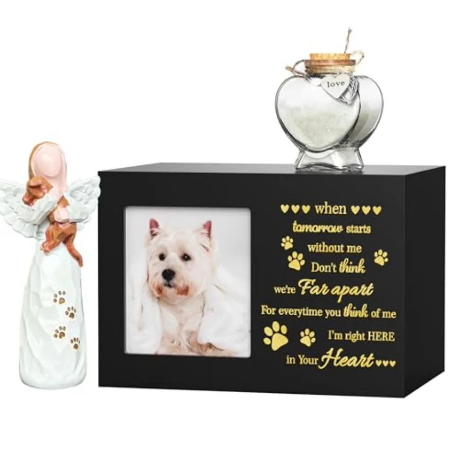 

Pet Memorial Urn with Photo Frame, 110 Cubic Inches Wooden Pet Cremation Urn for Dogs and Cats, Sympathy Gift Set with Angel Fi