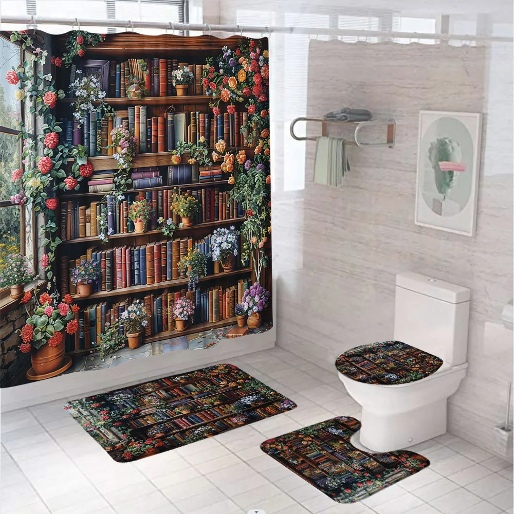 Bookshelf Shower Curtain Set with Rug Toilet Lid Cover Bath Mat Enchanted Book Garden Potted Plant Bathroom Curtains Accessories