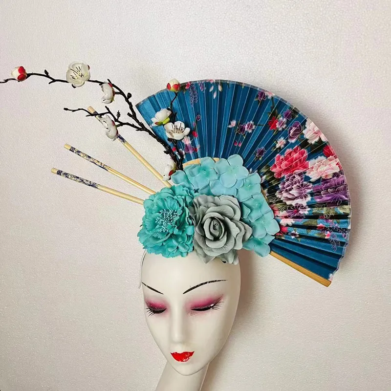 Original Handmade Classical Chinese Style Flower Fan Headwear Stage Model Runway Show Studio Photo Personalized Styling Headwear