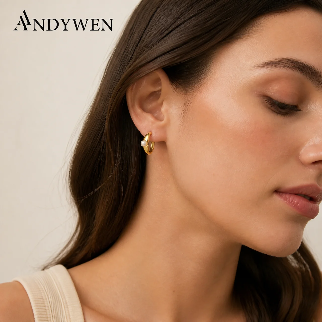 ANDYWEN 925 Sterling Silver Round Peal Thick Hoop Earrings 2025 Fine Luxury Wedding Trendy Vintage Women Jewelry Gift