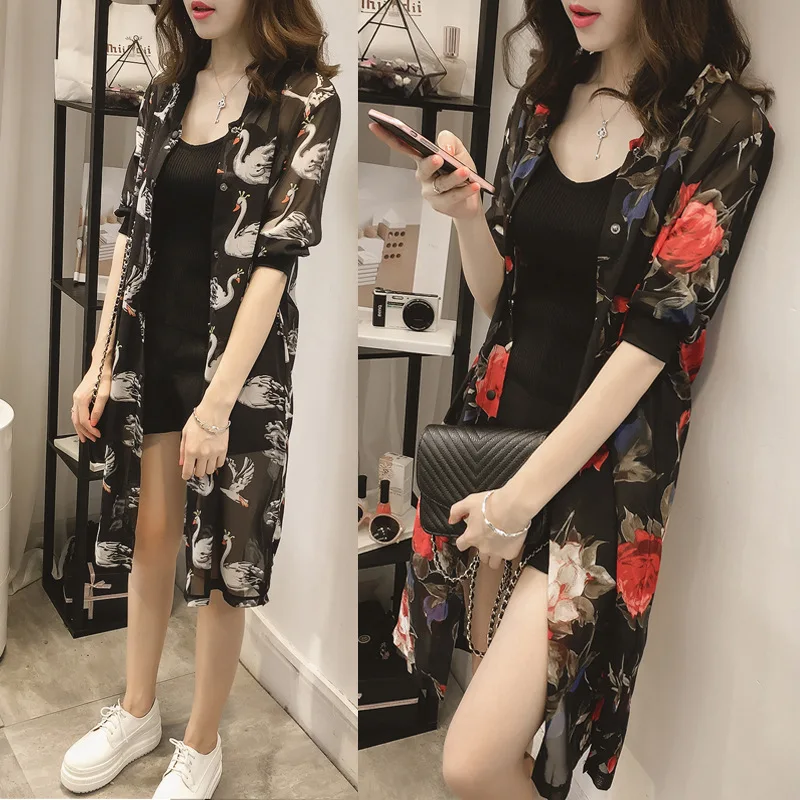 Summer Korean Style Retro Oversized High Waist Coat Women Irregular Print Sun Protection Chiffon Open Stitch Chic Y2K Sweet Tops