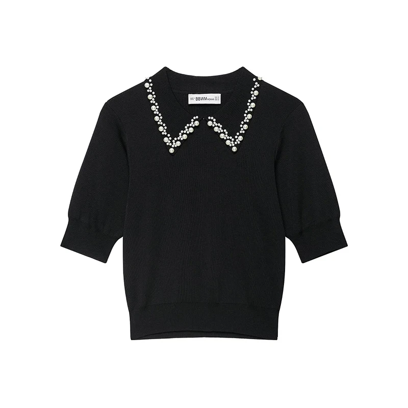 YENKYE Women Black Knit Top Faux  Pearl Beaded Peter Pan Collar Puff Short Sleeve Slim Fit Elegant Pullover Sweater Crop Jumper