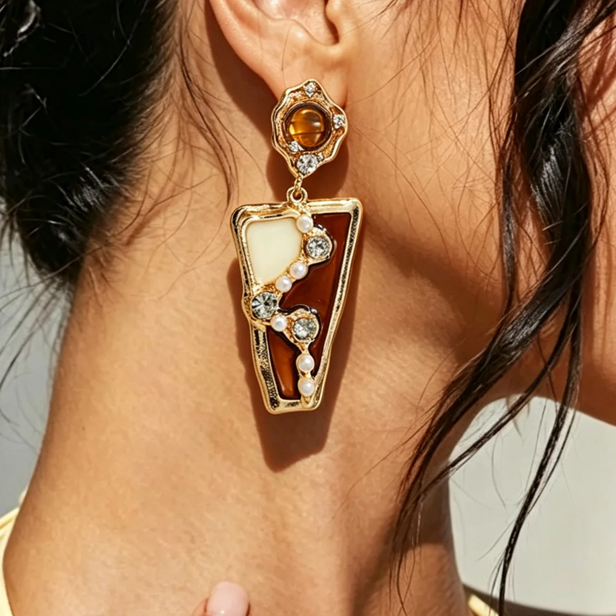 Geometric Inverted Trapezoid Dangle Earrings Retro Two Tone Color Blocked Drop Jewelry With Pearl Line For Party Night