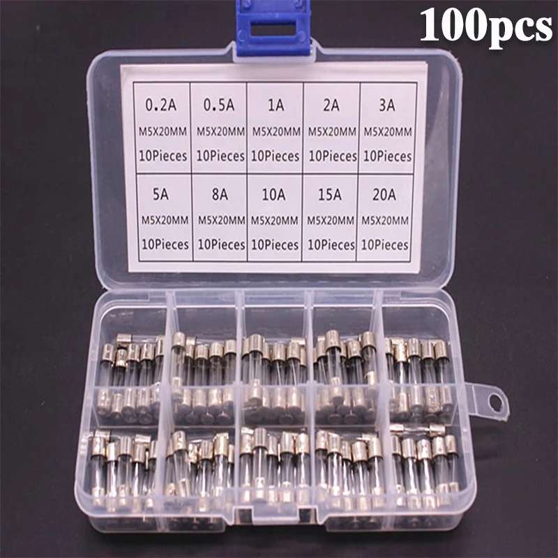 100 PCS Fast Blown Glass Fuse Combination Kit 5x20 mm 250 V 0.1 0.2 0.25 0.5 1 1.5 2 3 4 5 8 10 12 15 20 A In Clear Plastic Box