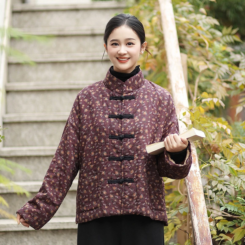 

Women Cotton Linen Casual Coats New Arrival 2025 Autumn Vintage Style Stand Collar Floral Print Female Thick Warm Jackets M2065