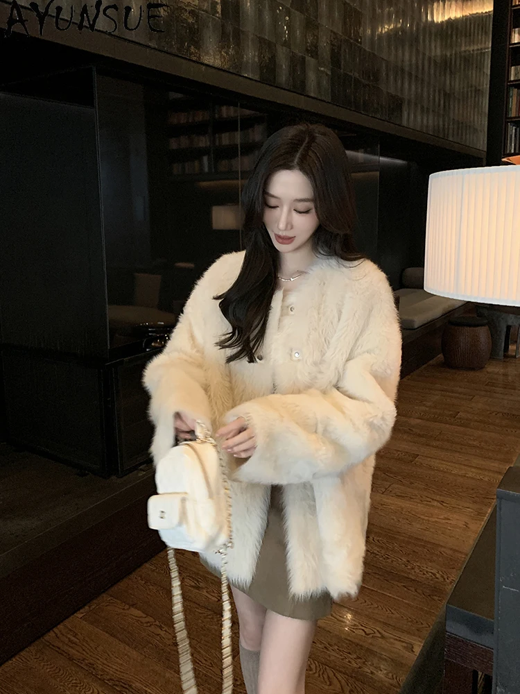 AYUNSUE 2025 ใหม่Shearlingแจ็คเก็ตผู้หญิงกลางความยาวเสื้อขนสัตว์ธรรมชาติสําหรับเสื้อผ้าผู้หญิงหรูหราเสื้อขนสัตว์Ropa Para Mujer