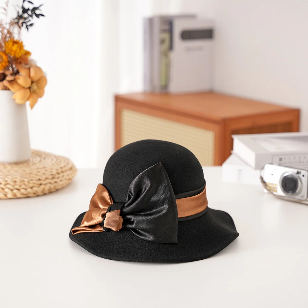 

Женская шерстяная фетровая панама с бантом, элегантная французская осенне-зимняя роскошная рыбацкая кепка