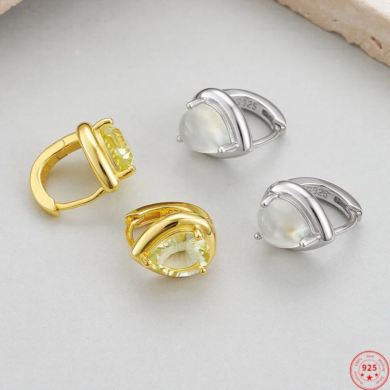 S925 Sterling Silver Charms Clips Earrings for Women Prehnite Lemon Crysatl Plated Gold Ear Studs Fashion Jewelry Wholesale