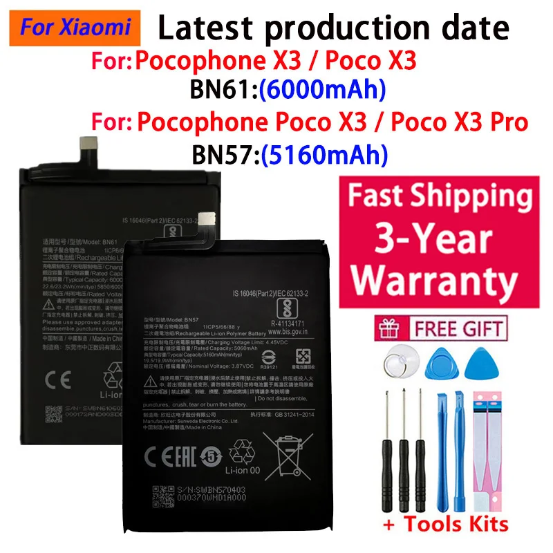 For Xiao mi BN61 BN57 6000mAh Phone Battery For Xiaomi Pocophone X3 NFC Poco X3 Pro Replacement Batteries
