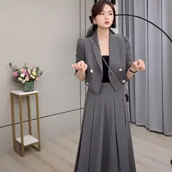 Womens Blazer and Skirt Set Suit Fashion Long Sleeve High-waist Pleated Skirts and Jacket 2 Piece Sets 2022 New Autumn Trendy