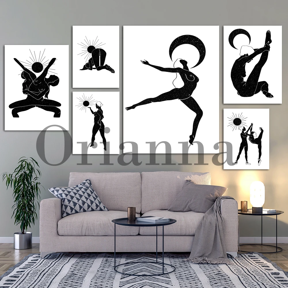 Sun Moon Celestial Dancer Ballet Leg Stretch Leap Yoga Mindfulness Feminist Nude Woman Wall Art Prints Posters Decor Painting