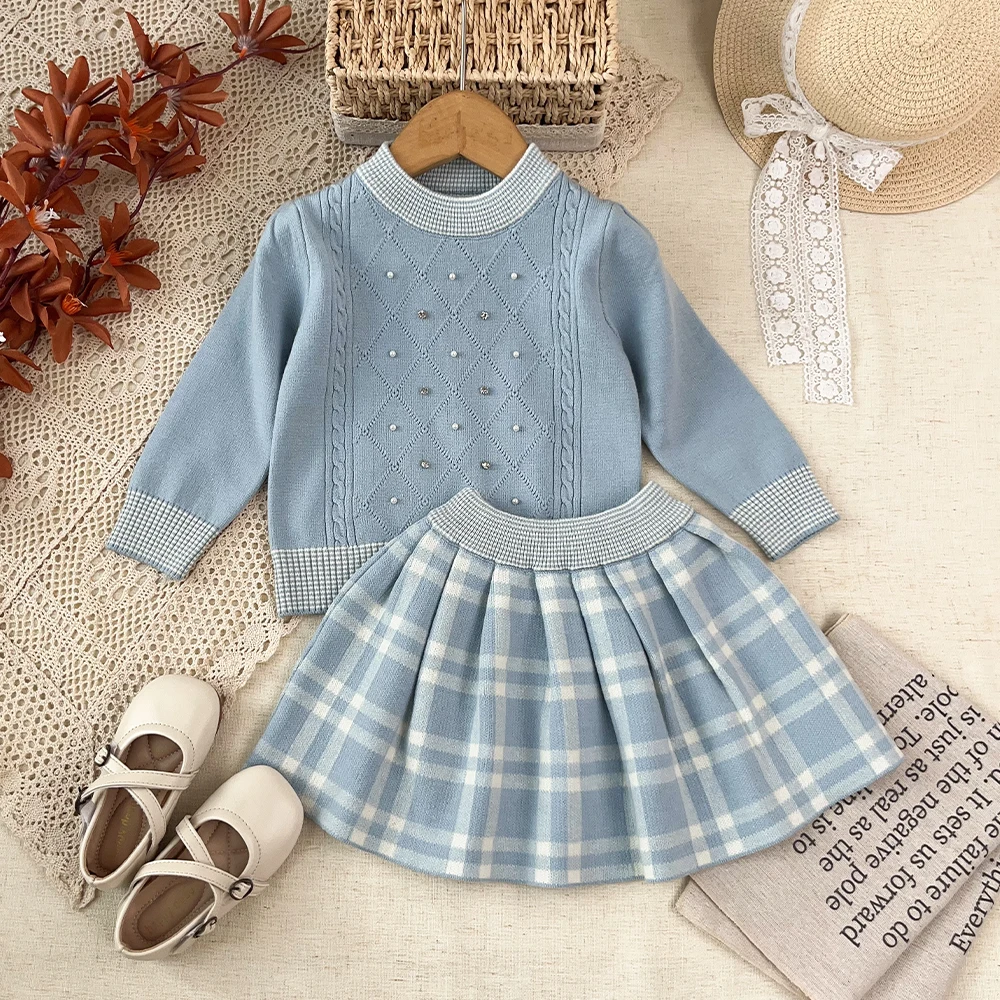 Korean Version Blue Casual 2-6 Year Old Girl Knitted Suit Autumn Patterned Long Sleeved Sweater+plaid Pleated Skirt