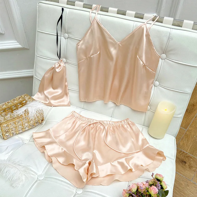 

Sexy Camisole Sleepwear Women's Thin Vest Shorts Home Suit Set Silk Sleepwear