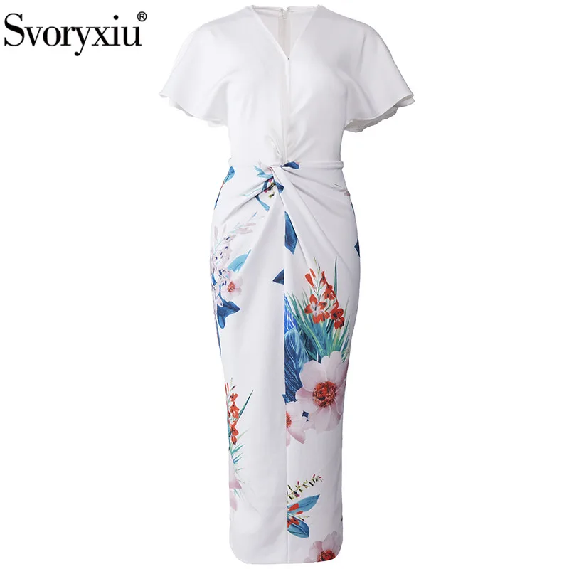 

Svoryxiu Elegant Flower Print White Long Dress Women's Sexy V-Neck Short Sleeve Package Buttocks Slim Summer Runway Dresses