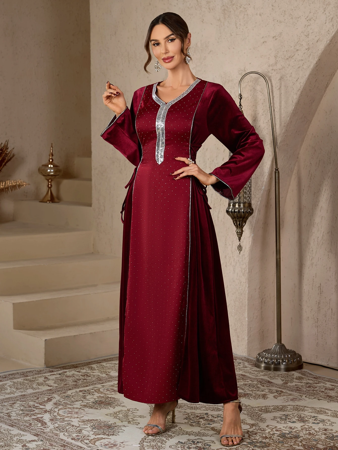 Middle East Faion Diamond Studded Long Sve Waist Cinched Dr Lace up Gown High Waist a Line Skirt for Date And Daily Wear