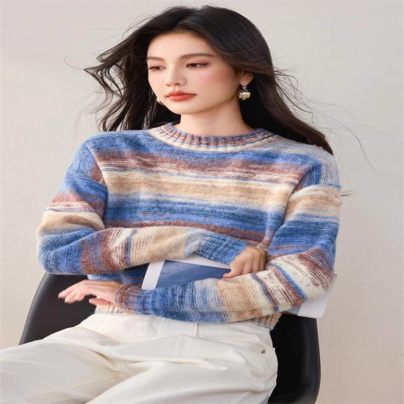 2024 bunte Gestreifte Vintage Chic Oansatz Lange Hülse Lose frauen Pullover Koreanische Mode Pullover Pullover Herbst Winter