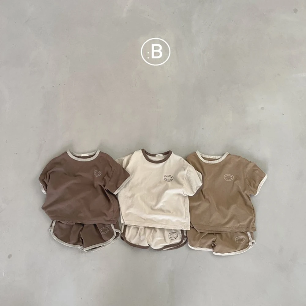 Korean version of baby children\'s clothing cotton  casual short-sleeved shorts suit 2024 summer letter circle sportswear suit