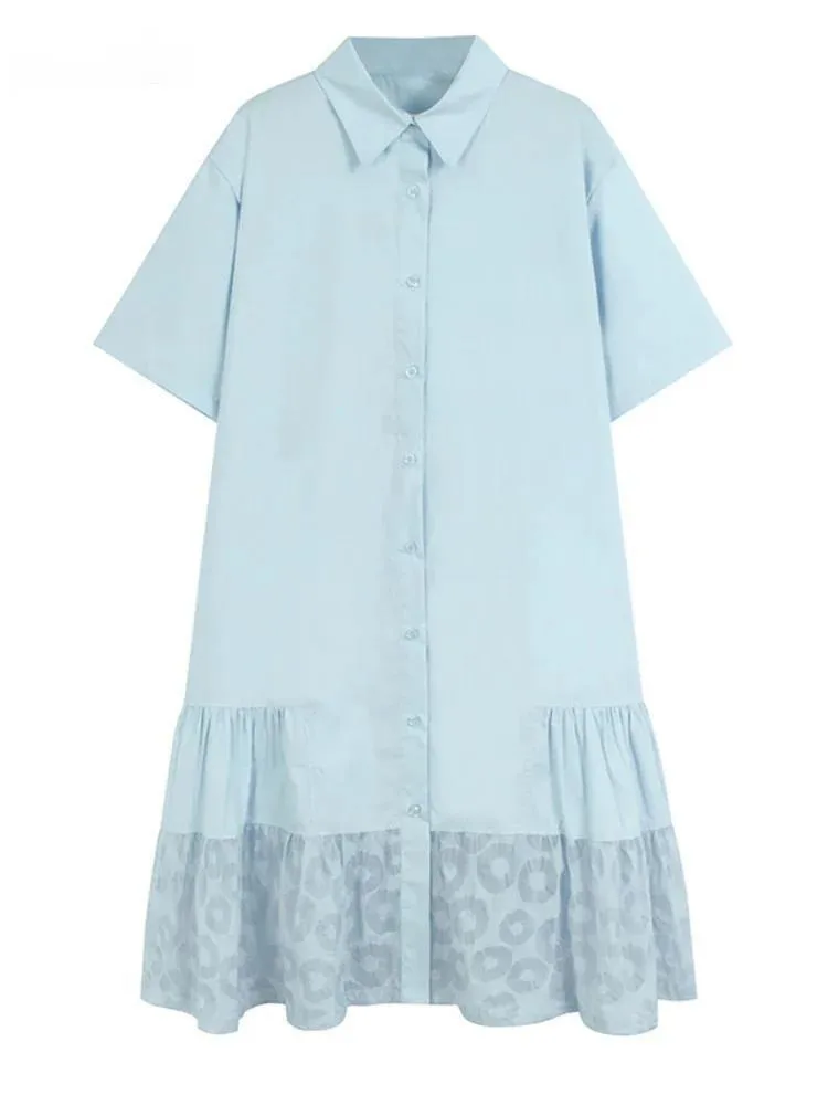 Abito da donna midi con stampa a cerchio blu impiombato di grandi dimensioni Nuovo bavero manica corta moda marea primavera estate