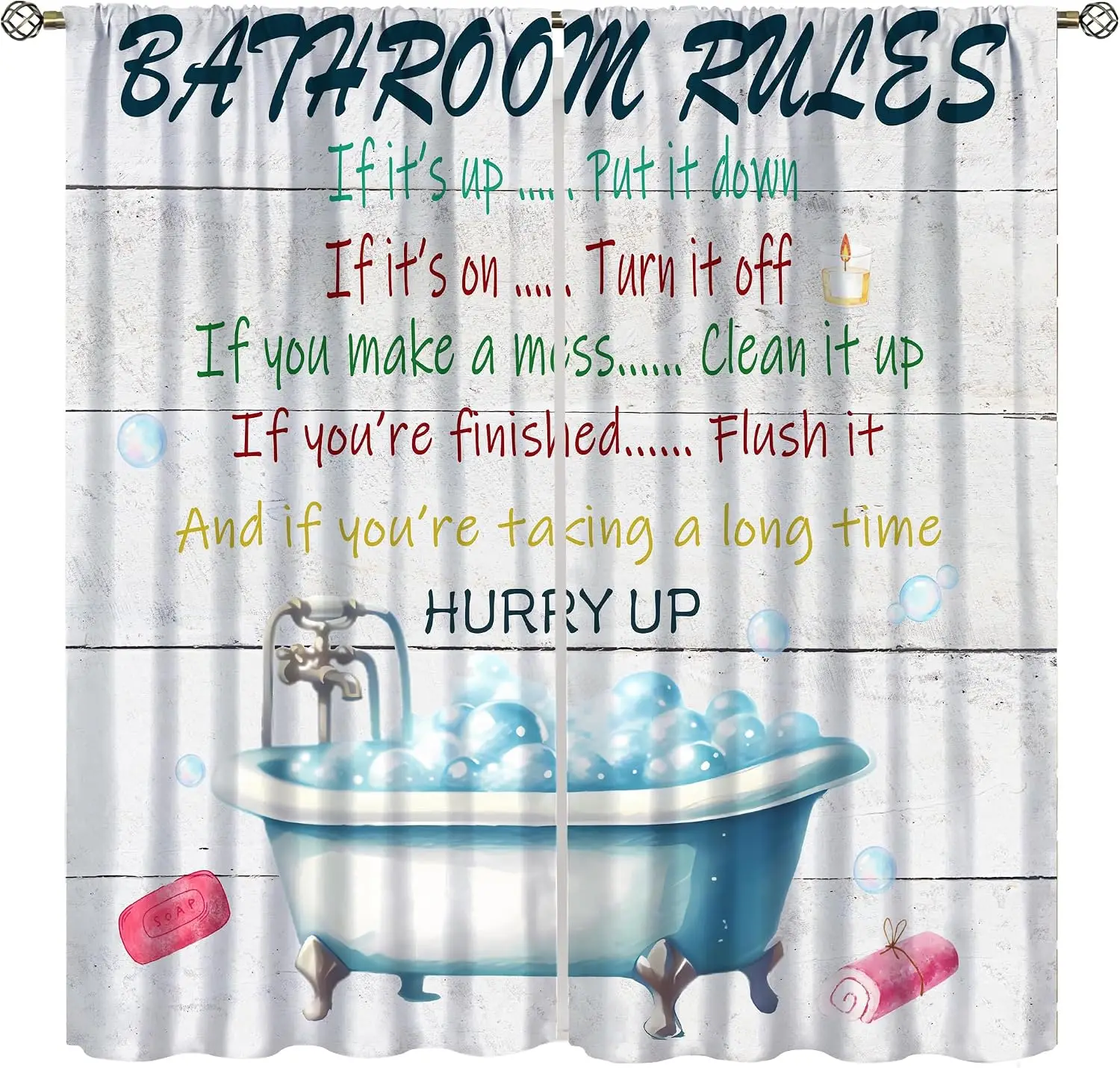 Rustic Bath Rules Window Curtain Tub Bubble Soap Towel Humor Tip Text Rod Pocket Window Panels Shower Room Apartment Ornament