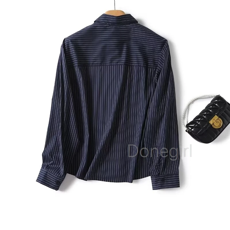 Women Blouses Minimalist Retro Deep Blue Striped Long Sleeved Shirt  Office Strip Shirt Women Tops 2024 Autumn Blouse Ladies