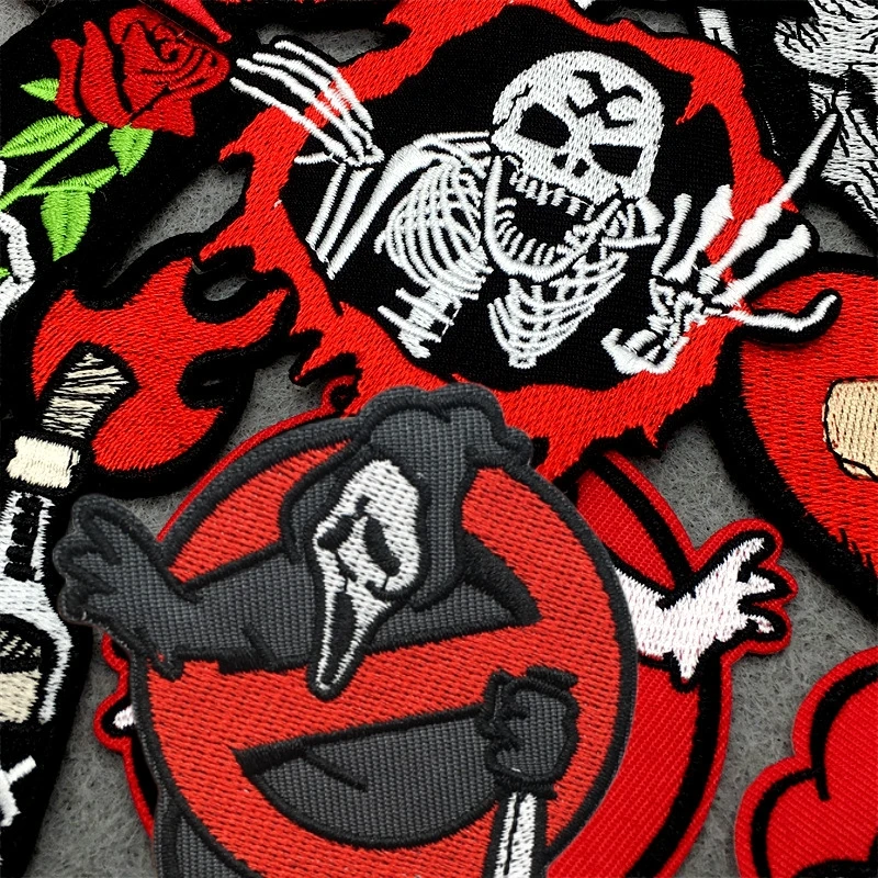 25PCS/Lot Red Ghost Embroidery Patches Punk Clothes Stickers DIY Iron on Patches for Clothing Appliques Jacket Jeans Stripes