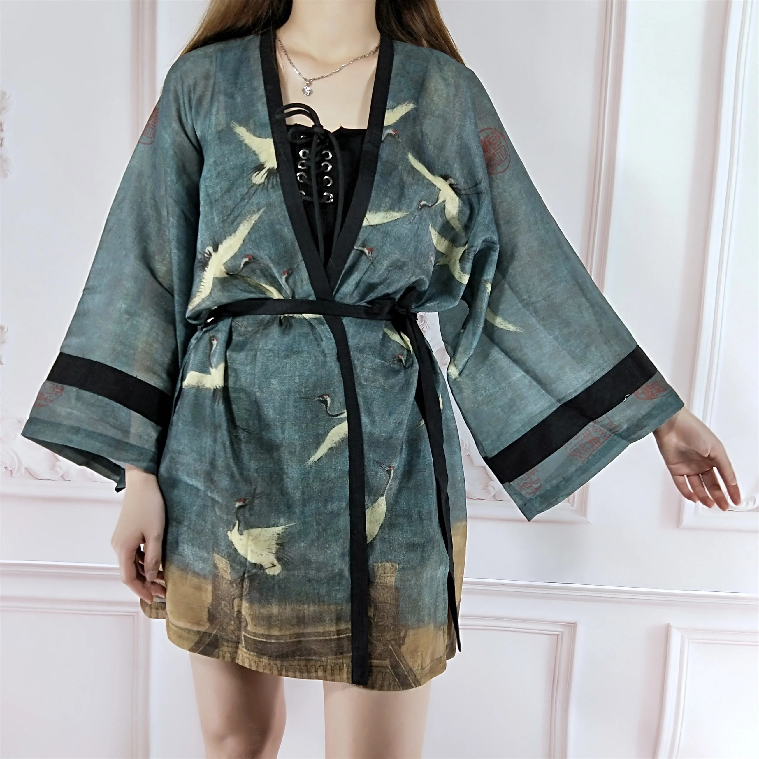 Vintage Japanese Kimono Cardigan Loose Waist Belt Sashes Split Outwear Elegant Women Summer Jacket Coat Female Blouse Top Shirt