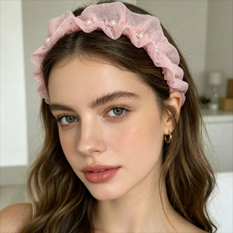 Mesh Ruffle Simulated Pearl Headbands, Elegant Non-slip Hair Hoops for Women, Daily & Party Hair Accessories