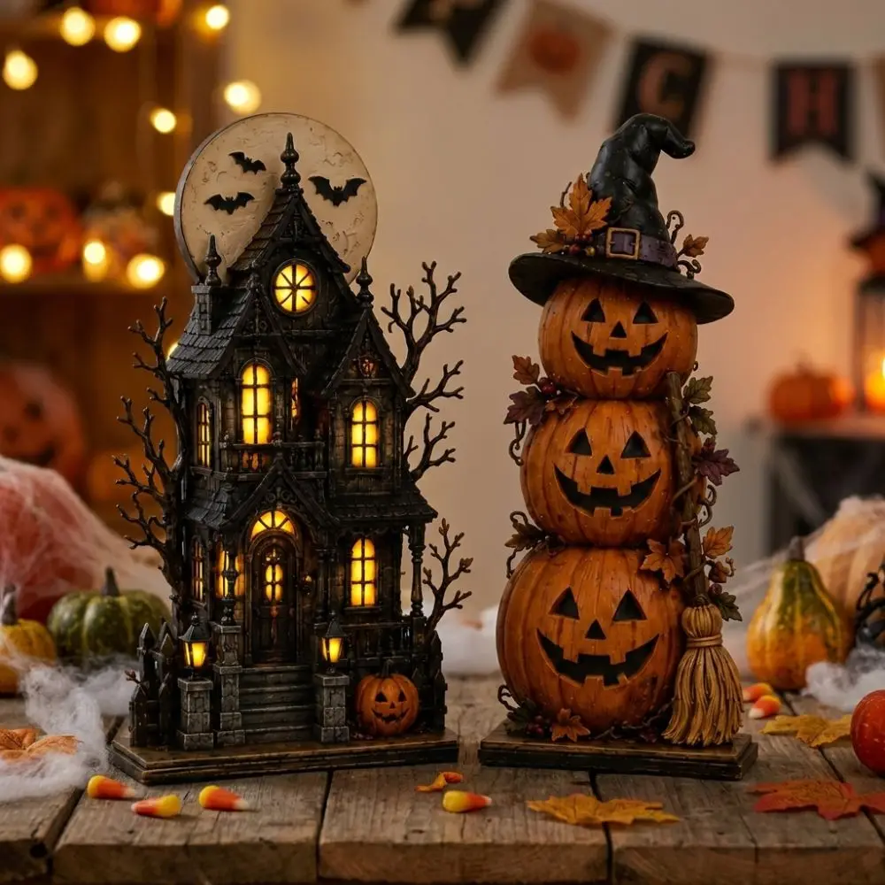 2D Flat Halloween Pumpkin Ghost Figurine Vintage Witch Hat Wood Haunted House Statue Fall Craft Ghost Book Halloween Wooden Sign
