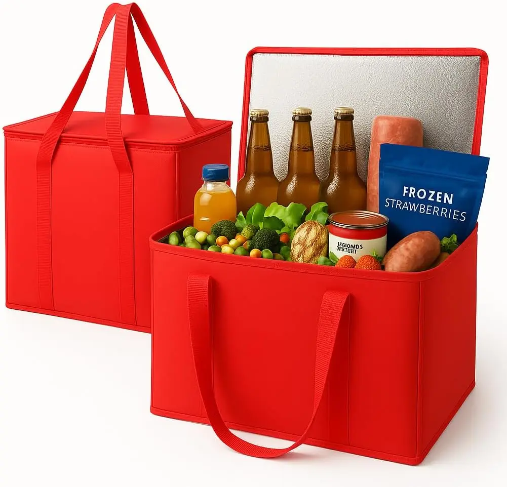 2-Pack XL Insulated Grocery Bags, Red, Reusable Heavy Duty Zipped Collapsible Tote Cooler for Car Recycled Material