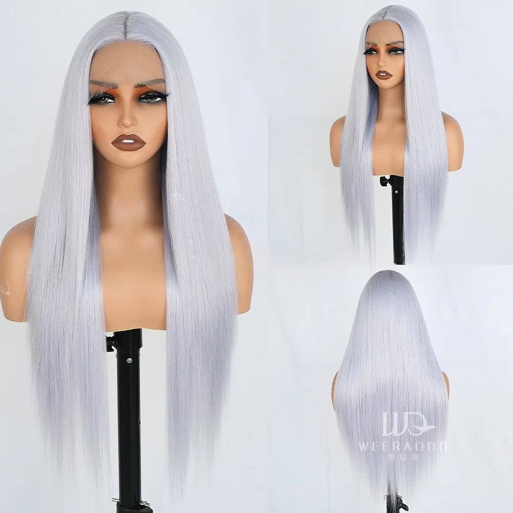 28 32Inch Light Blue Gray Straight Wig T Part Lace Hand Tied Heat Resistant Synthetic Fiber Glueless Wig for Daily Party Cosplay