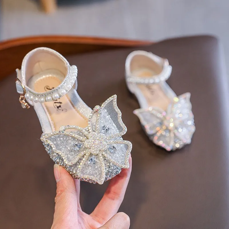 1-6 Years PU Leather Kids Girls Pearl Crystal Princess Shoes Wedding Dress Flat Dance Shoes