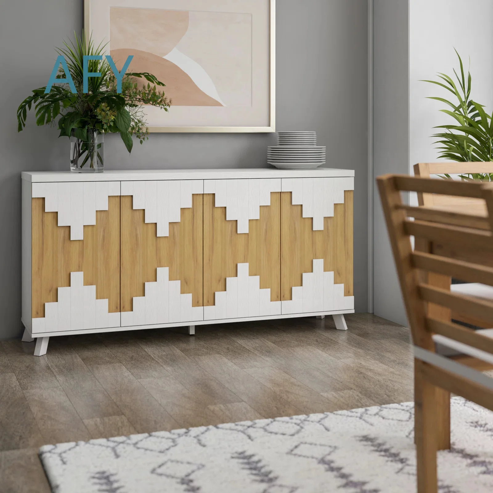 Bohemian Wooden Sideboard Cabinet for Dining Room 62.75 Inch 4 Door Buffet Storage Unit with Paneled Doors Farmhouse Style